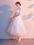 White Tulle Short Sleeves Tea Length Wedding Party Dress, White Tulle Party Dress